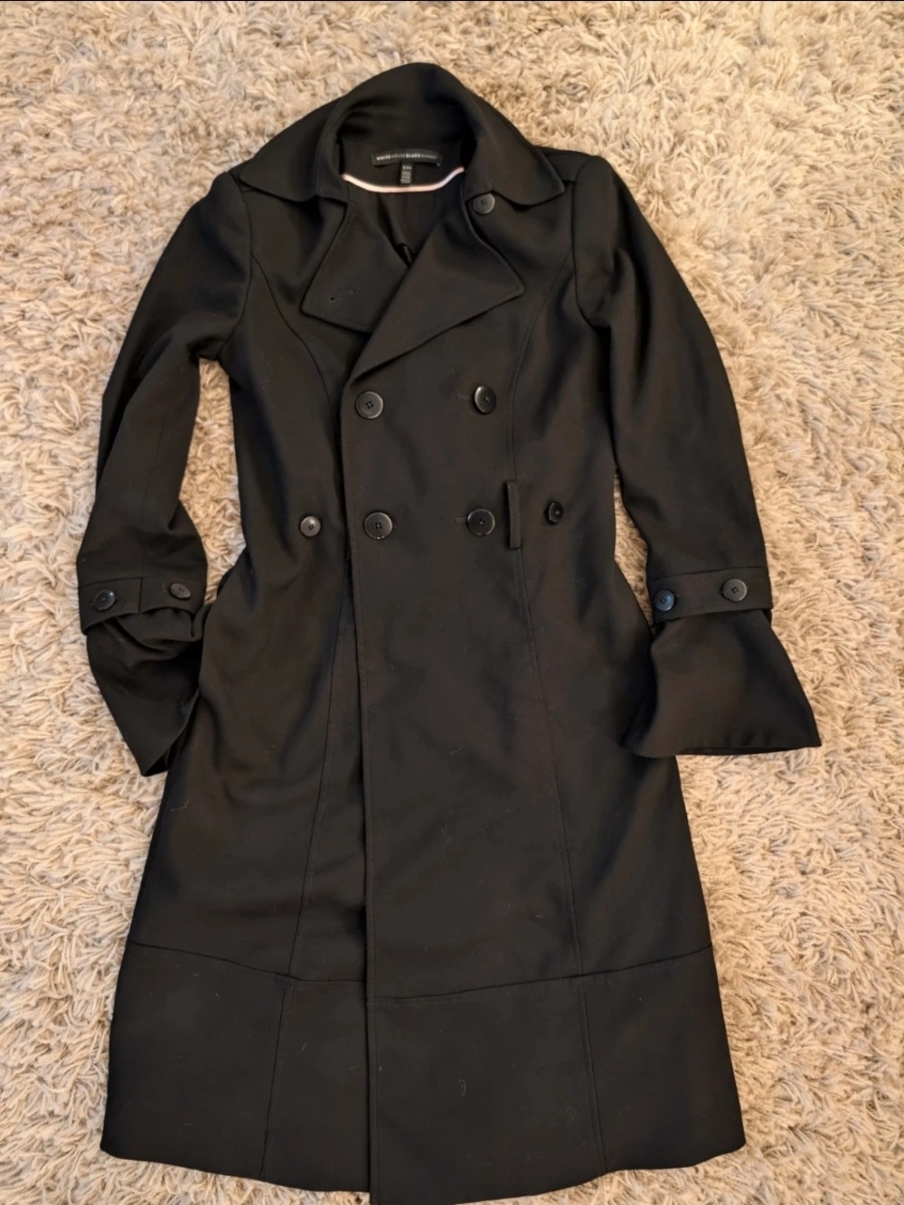 White House Black Market black double-breasted trench coat in size XXS / US 0